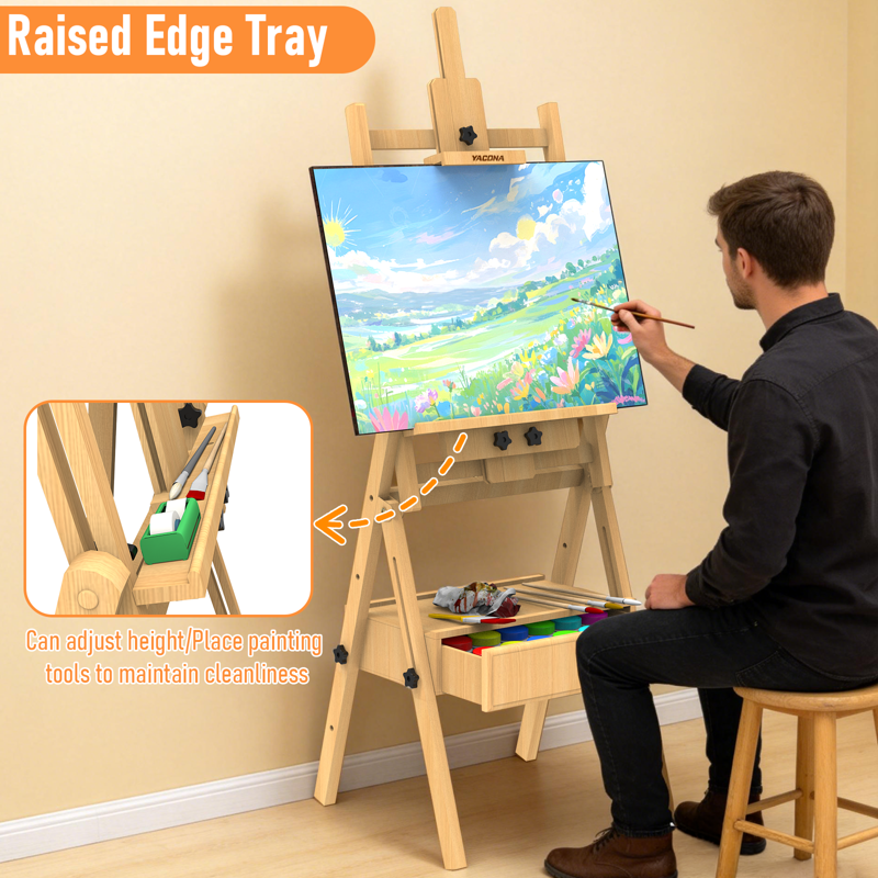 Adjustable Beech Wood Art Easel with Drawer for Painting, Holds Up to 48 Inches