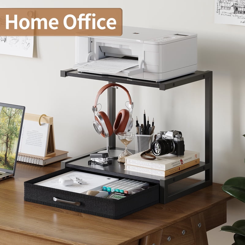 2-Tier Desktop Storage Shelf with Drawer - Printer Stand, Black, 1 Drawer (Variation: Black, 1 Drawer)