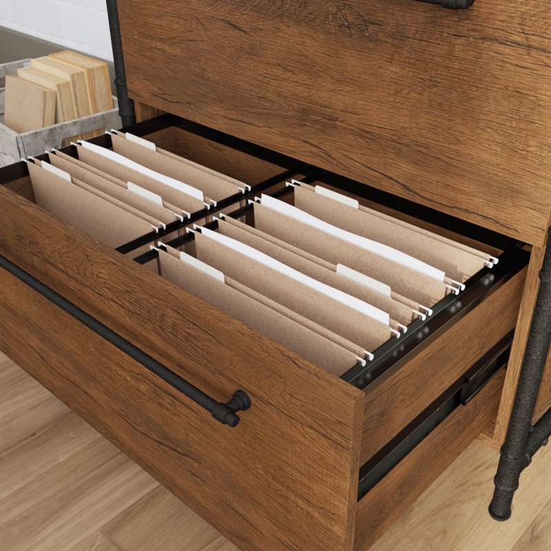 Industrial 2-Drawer Lateral File Cabinet in Checked Oak Finish - Home Office Storage
