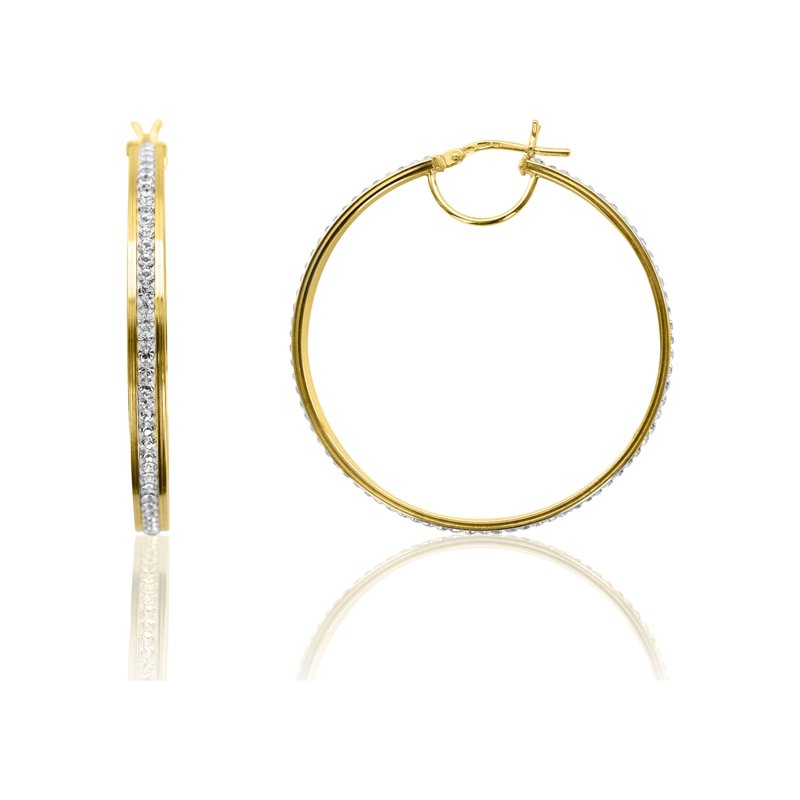 14K Gold Plated Sterling Silver Hoop Earrings with Crystals - Large Classic Round Design for Adults
