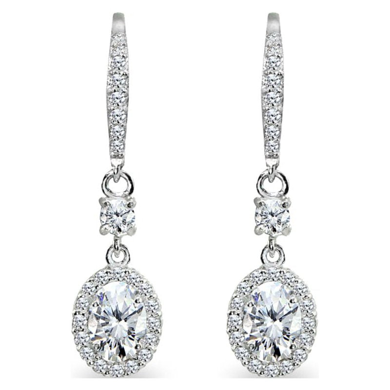 Sterling Silver Oval Halo Dangle Earrings with Cubic Zirconia