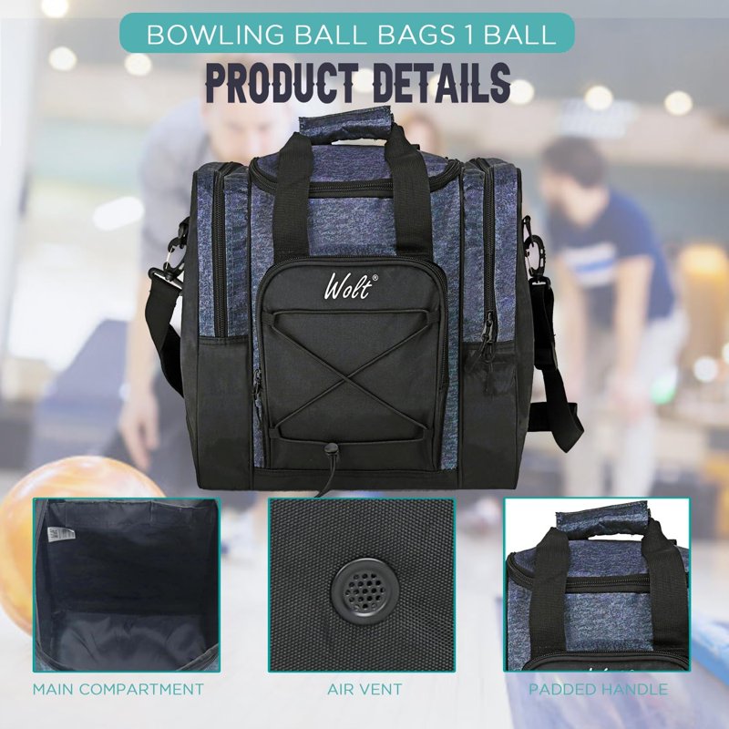 WOLT Single Bowling Ball Tote Bag - Blue, Padded Ball Holder, 2 Shoe Pockets