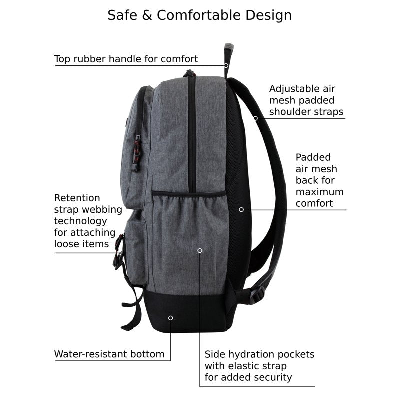 Unisex Laptop Backpack with Multiple Compartments and Water-Resistant Bottom - Dark Gray Heather