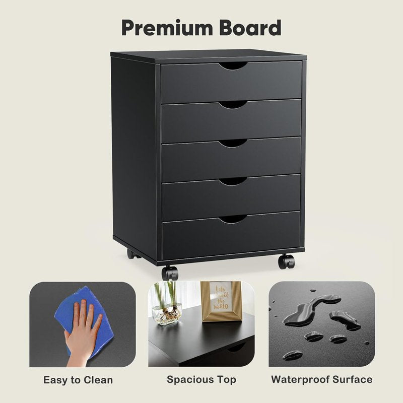 Mobile File Cabinet with 5 Drawers and Wheels - Under Desk Storage Organizer for Home Office