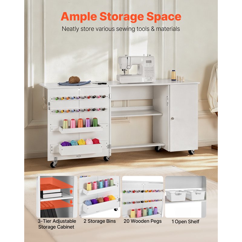 Foldable Sewing Table with Storage Cabinet and Wheels - Craft Workspace