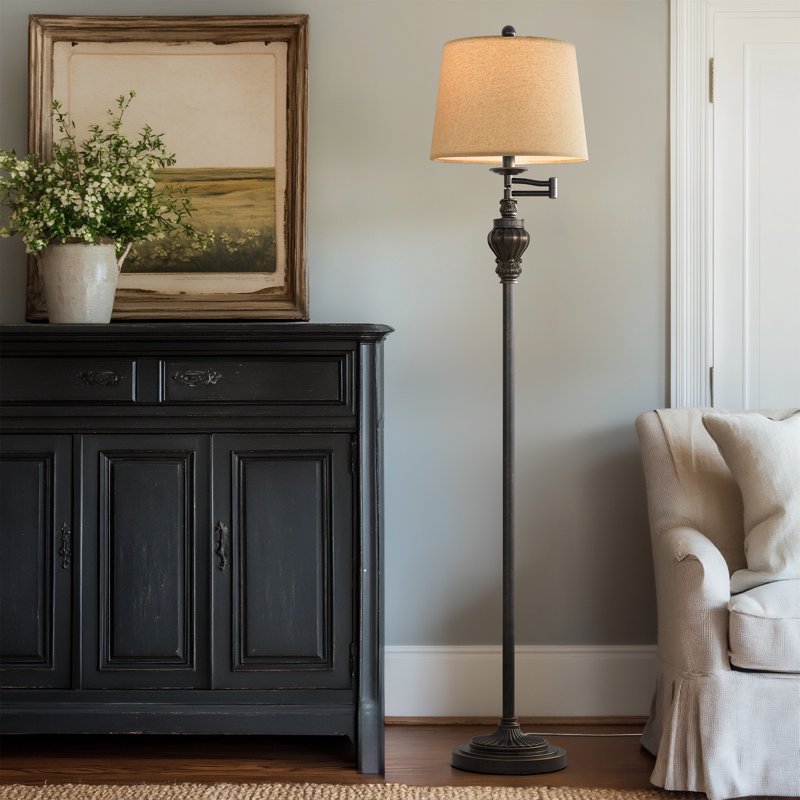 Vintage Floor Lamp with Linen Shade - Classic Rotary Switch, Dark Brown Finish, for Living Room & Bedroom