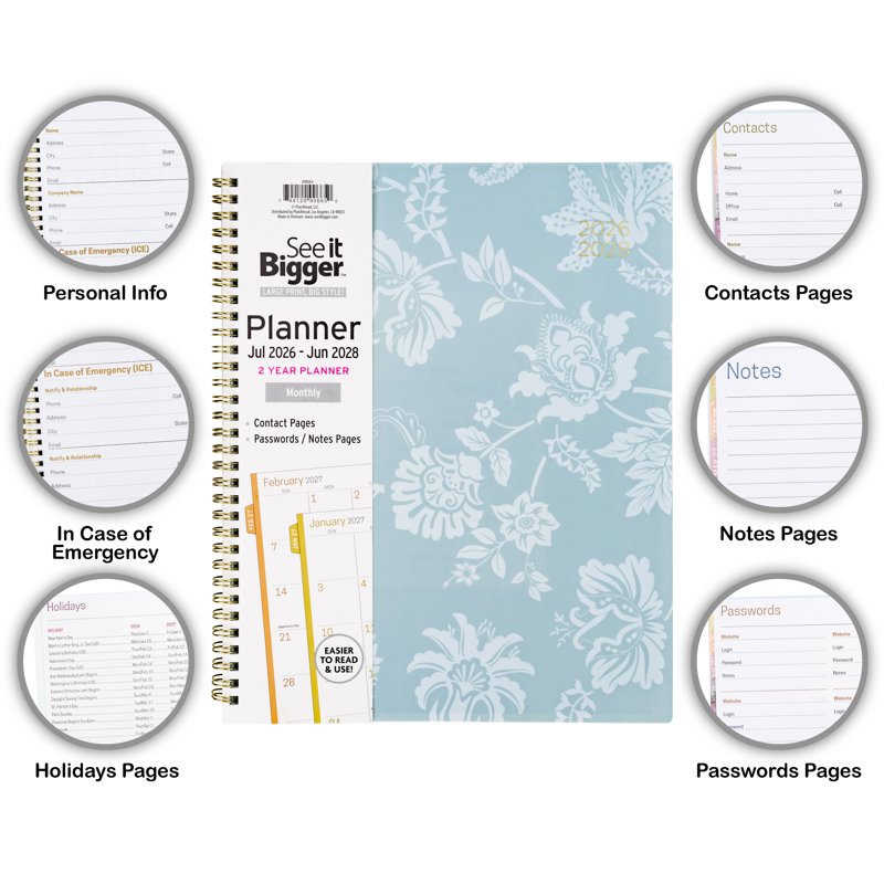 Large 2-Year Monthly Planner July 2026 - June 2028 Floral Design