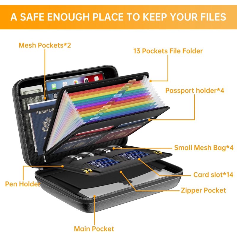 Fireproof Water-Resistant Document Organizer with Lock, 13 Pockets, Hard Shell Case
