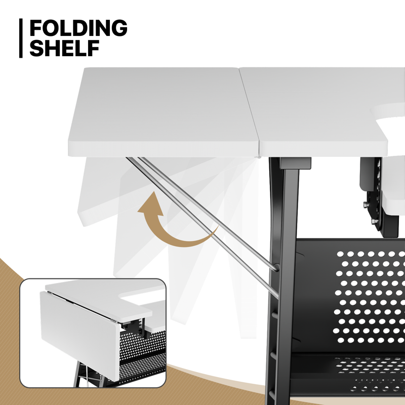 Sewing Machine Table with Fold-Down Top & Storage Shelves - White, Adjustable Height