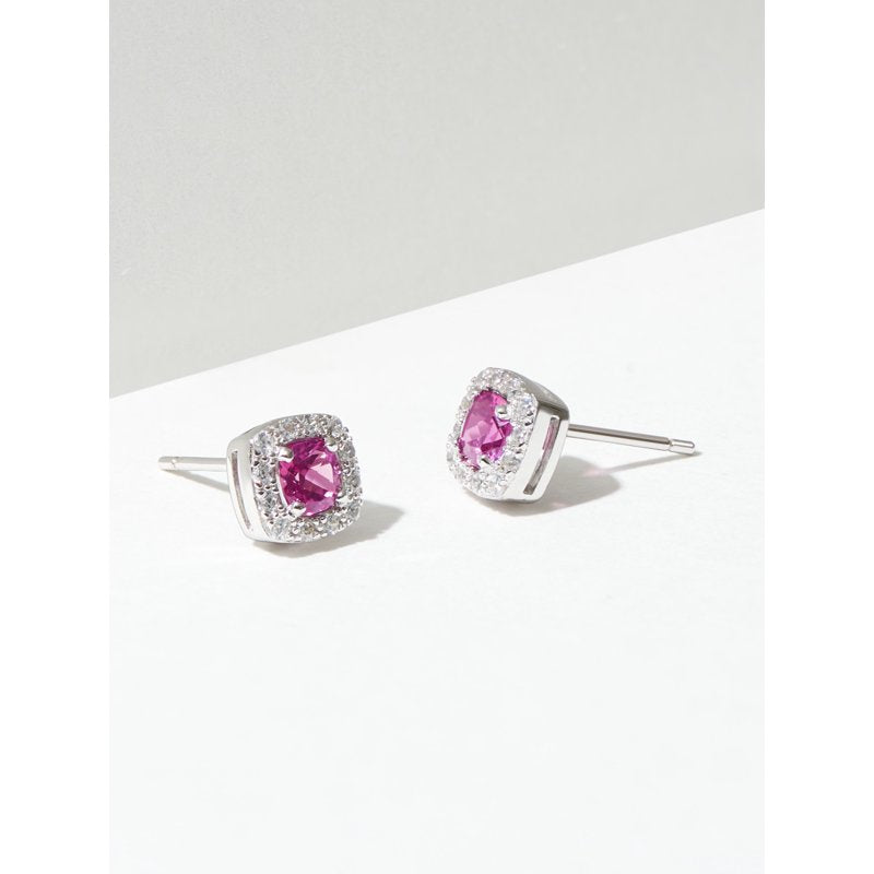 Women's Platinum Over Sterling Silver Created Pink Sapphire and CZ Stud Earrings