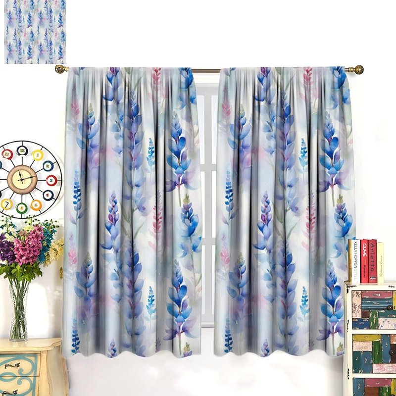 Lavender Floral Curtains Set - Botanical Pattern Window Drapes for Bedroom & Kitchen