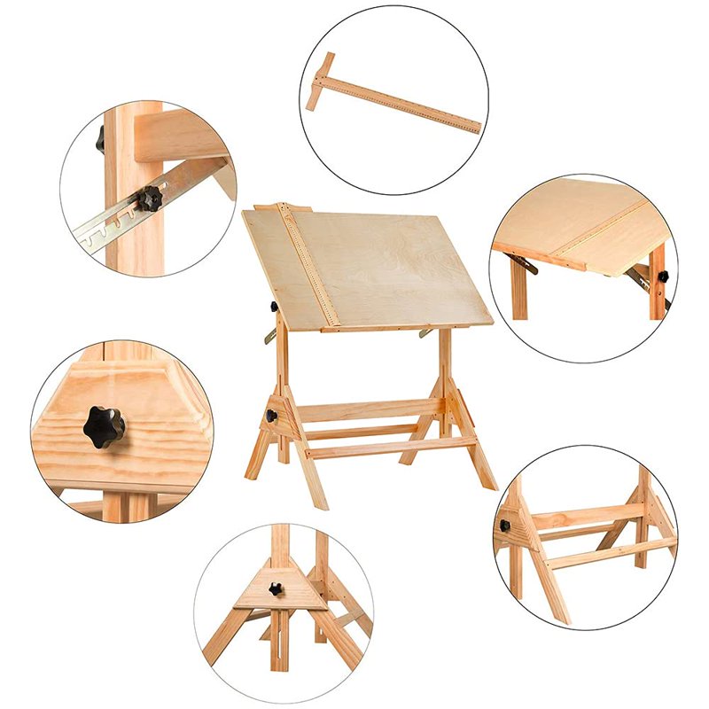 Adjustable Wooden Drafting Table with Tilt Top and Pencil Ledge - Natural Finish