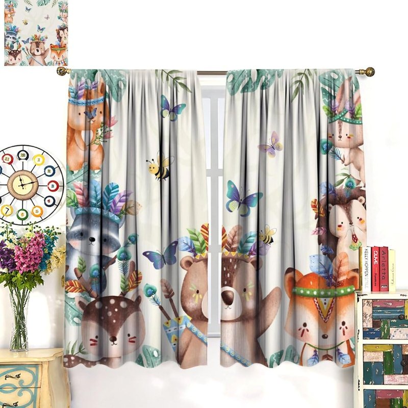 Kids Jungle Safari Curtain Set with Cartoon Forest Animals - Thermal Insulated Window Drapes for Children’s Bedroom and Nursery