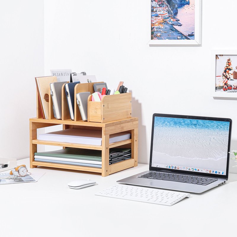 Bamboo Desk Organizer with File Holder & Adjustable Pen Slots – 3-Tier Office Storage