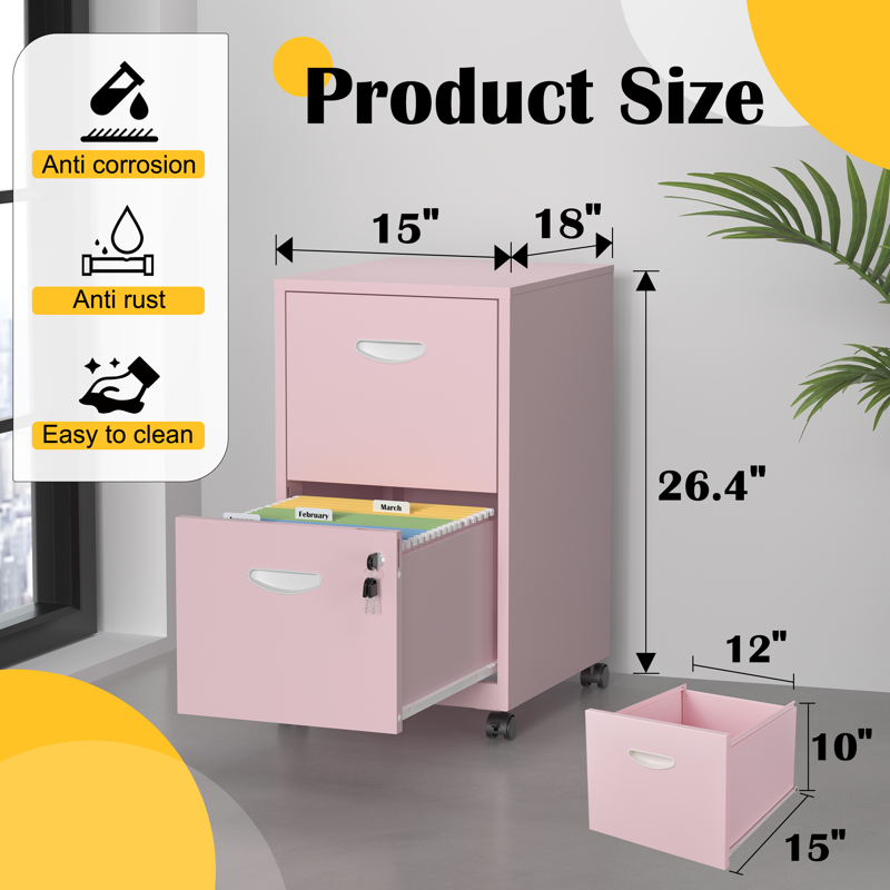 Mobile 2-Drawer File Cabinet on Wheels - Pink Metal Office Storage Organizer