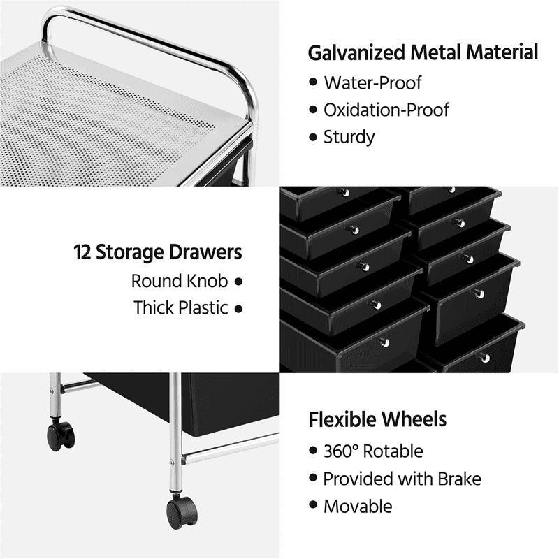 12-Drawer Mobile Storage Cart with Lockable Wheels, Steel Organizer