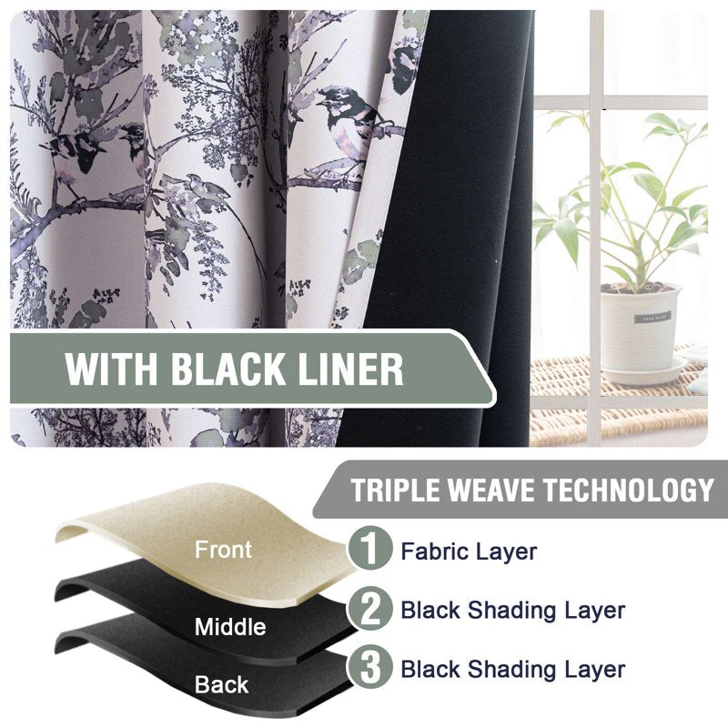 Blackout Floral Bird Curtain Panels - Thermal Grommet Window Drapes for Bedroom & Living Room, Sage/Black, 52 x 84 inches