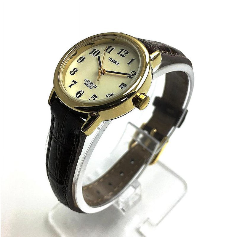 Casual Women's Watch with Leather Strap and Date Function - Brown/Gold