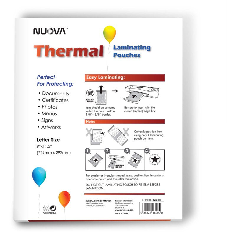 Thermal Laminating Pouches 9 x 11.5 Inches, 3 Mil, Pack of 200 - Clear Document Protection