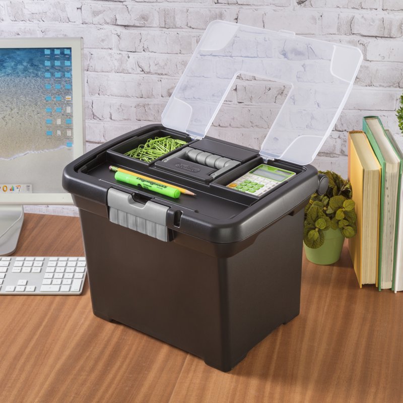 Portable File Box with Handle & Divided Lid for Letter-Sized Documents - Black
