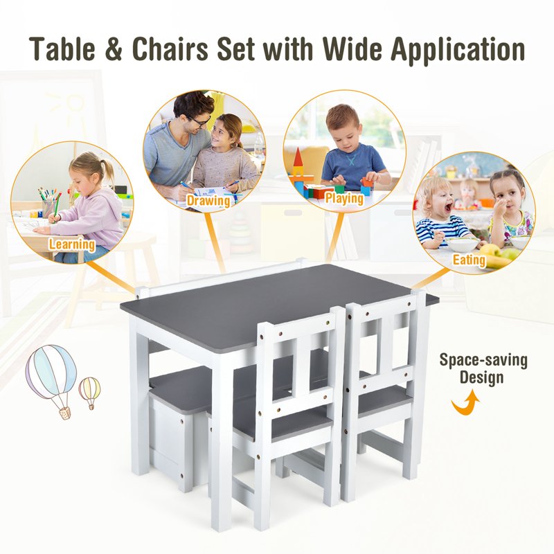 Kids Wooden Activity Table & Chairs Set with Storage Bench - Gray