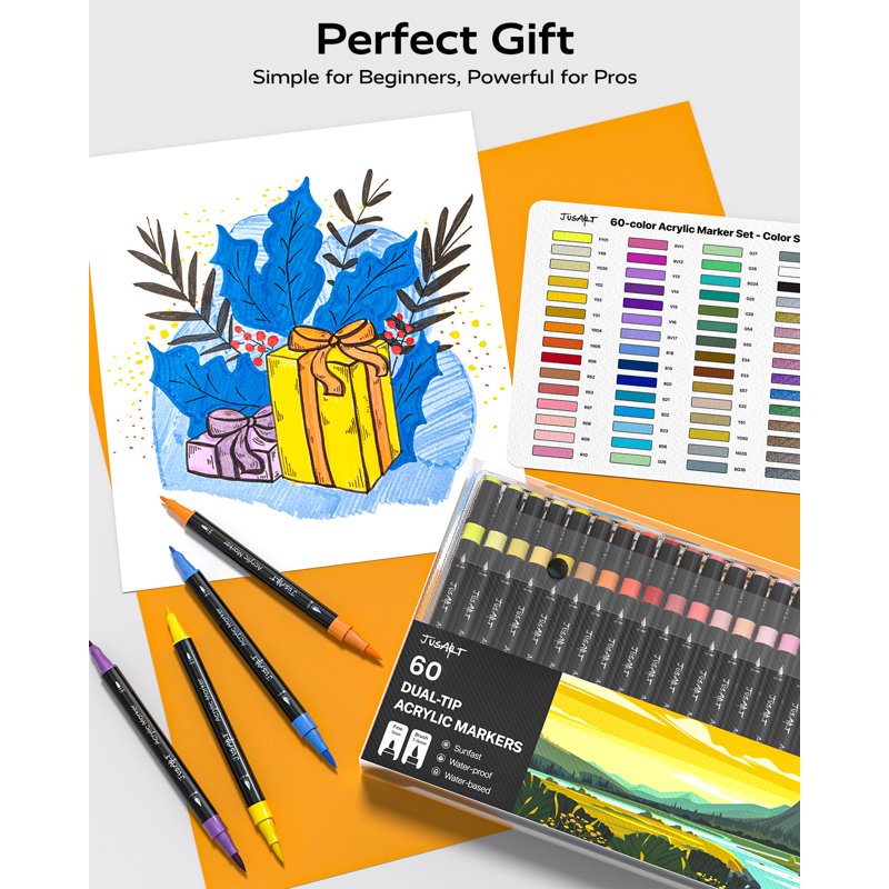 JusArt 60 Colors Dual Tip Acrylic Paint Pens – Black Barrel, Brush & Fine Tip