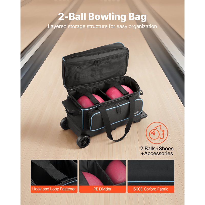 Bowling Ball Bag with Wheels - Double Roller with Shoe Compartment & Extra Pocket