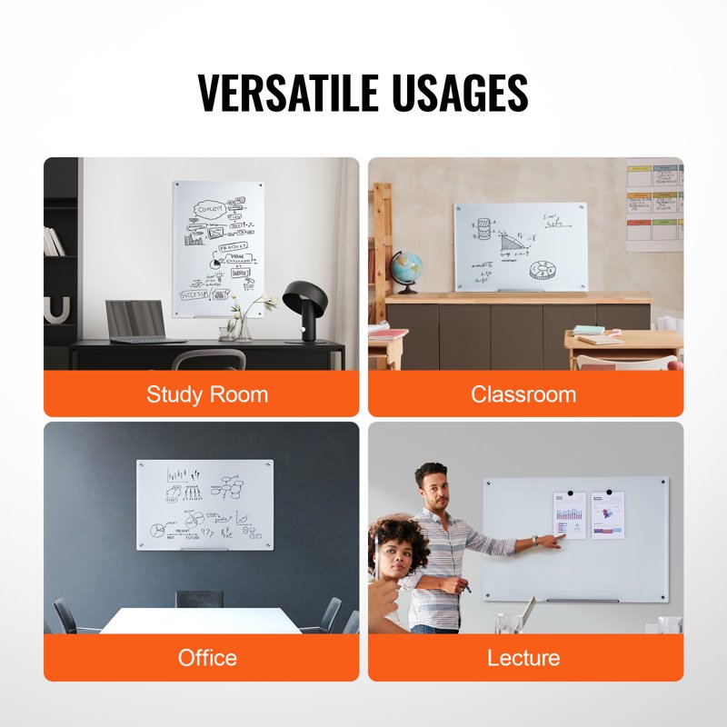Magnetic Glass Dry Erase Board 36x24 Frameless Wall Mount Whiteboard for Office Home School
