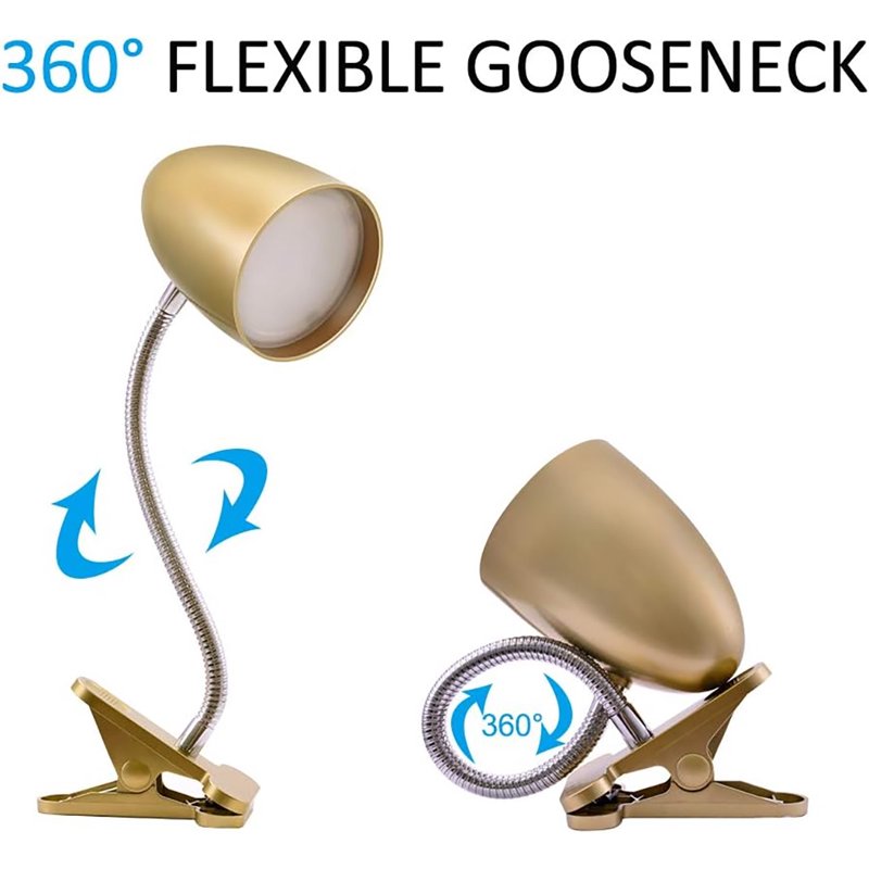 11-Inch LED Desk Lamp with 3.5W Cool White Light, Gold Finish, Clip-On