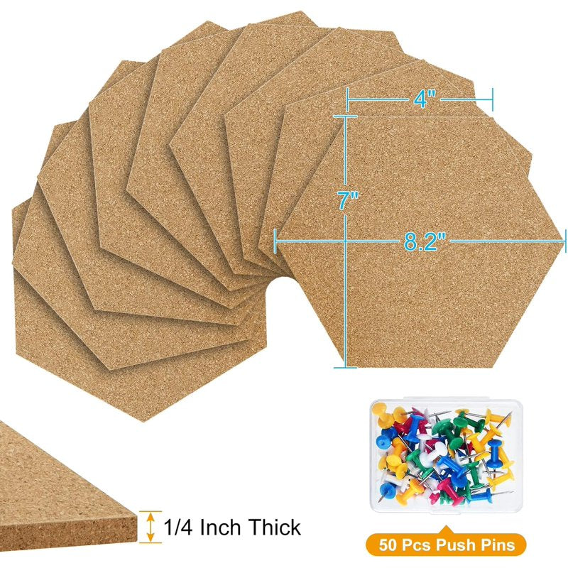 8 Pack Hexagon Cork Bulletin Boards with Self-Adhesive Backing & Push Pins for Home Office School Decor
