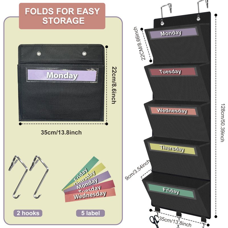 Over the Door File Organizer with 5 Large Pockets Wall Mount for Office & Home Storage