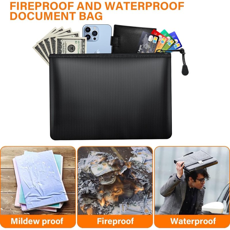 Fireproof Document Bag Waterproof Safe for Important Files Cash Jewelry - Small, Portable