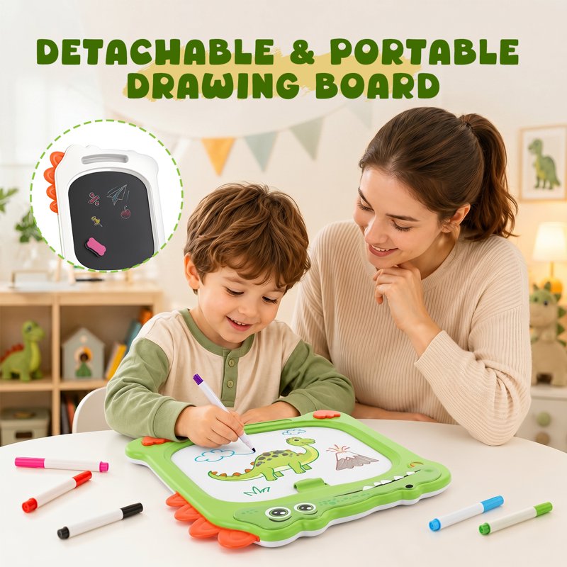 Kids Double-Sided Magnetic Whiteboard & Chalkboard Easel with Storage Tray - Dinosaur Design
