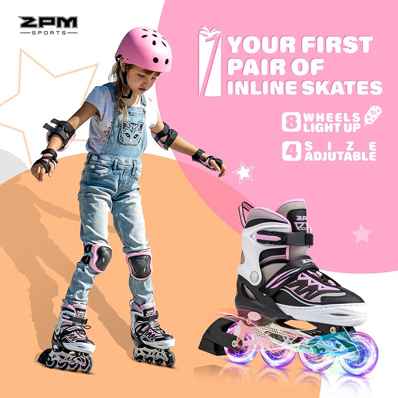 Pink Adjustable Inline Skates for Girls with Light-Up Wheels, Beginner Kids Roller Skates