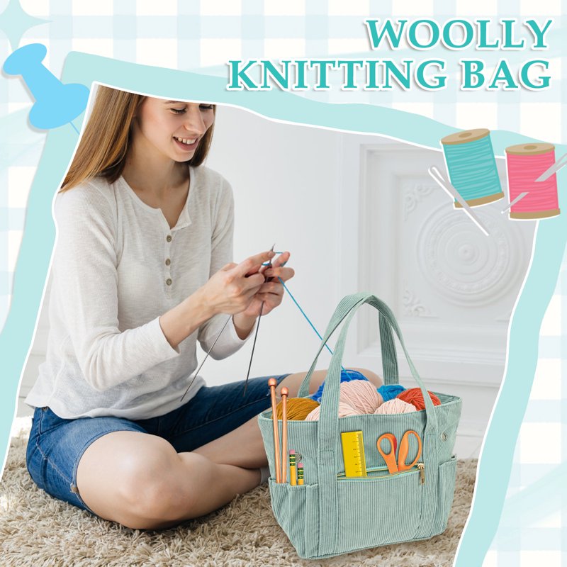 Crochet Bag Organizer and Yarn Tote Set with Needle Pocket and Yarn Holes
