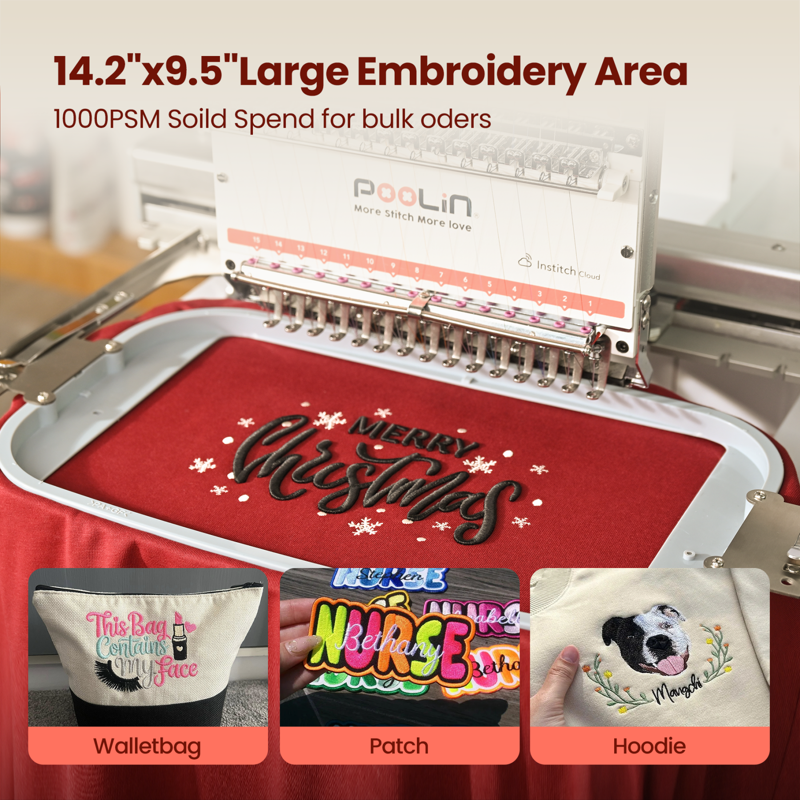 Commercial Embroidery Machine with 15 Needles, 14.2 x 9.5 Inch Area, Touchscreen, WiFi & USB