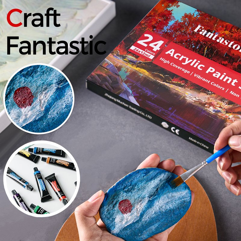Acrylic Paint Set with 24 Vibrant Colors and 3 Brushes - Portable Craft Supplies
