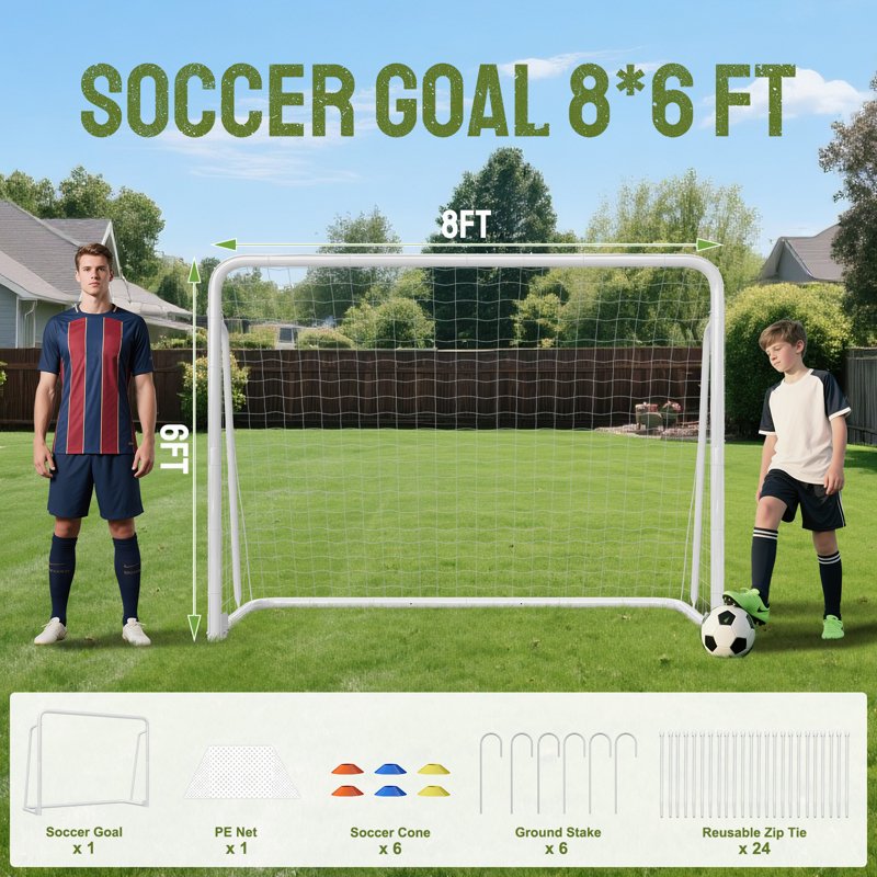 8'x6' Portable Soccer Goal Set (B-50 Tube) - White, Foldable, Training & Backyard Goals