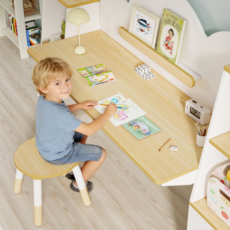 Kids Double Study Desk and Chair Set with Storage, Large Wooden Writing Table