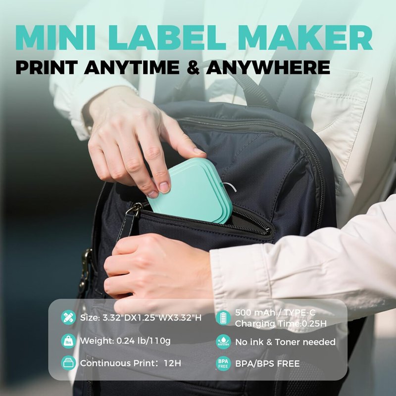 Portable Bluetooth Label Maker - Thermal Printer for Home & Office, Green
