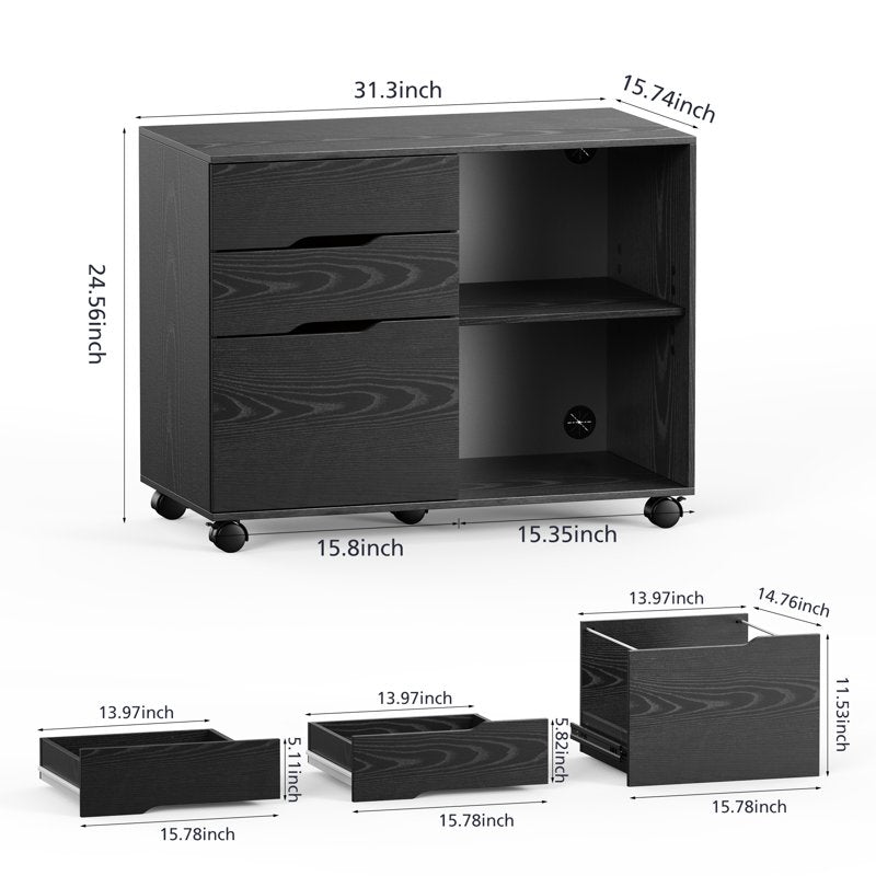 Black 3-Drawer File Cabinet with Wheels & Open Shelves for Office Storage