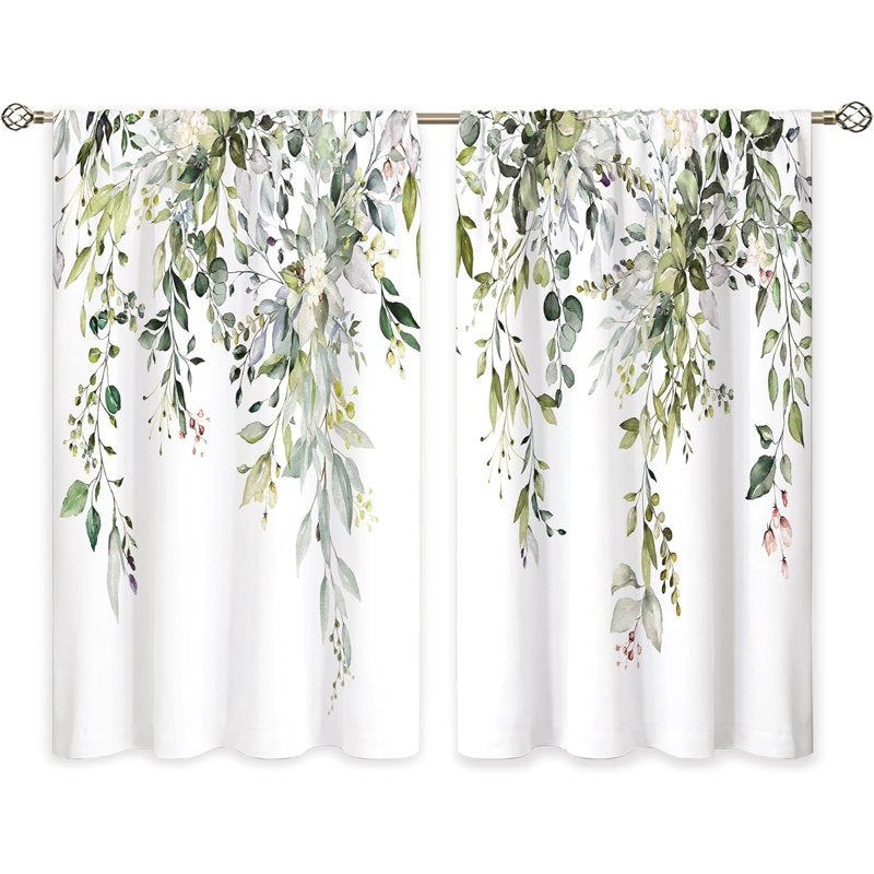 Eucalyptus Botanical Leaf Window Curtains for Kitchen & Bathroom - Sage Green, Blue, Burgundy, Gray - 27.5x39 Inch, Set of 2