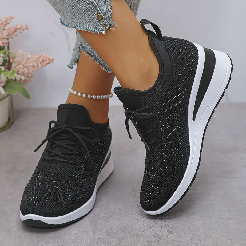 Women’s Sparkly Rhinestone Platform Wedge Sneakers Breathable Mesh Bling Shoes
