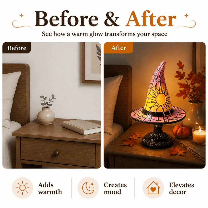 Halloween Stained Glass Witch Hat Lamp Gothic Night Light for Bedroom Decor