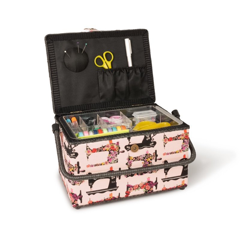 Large Pink Sewing Basket with Floral Print and Removable Tray