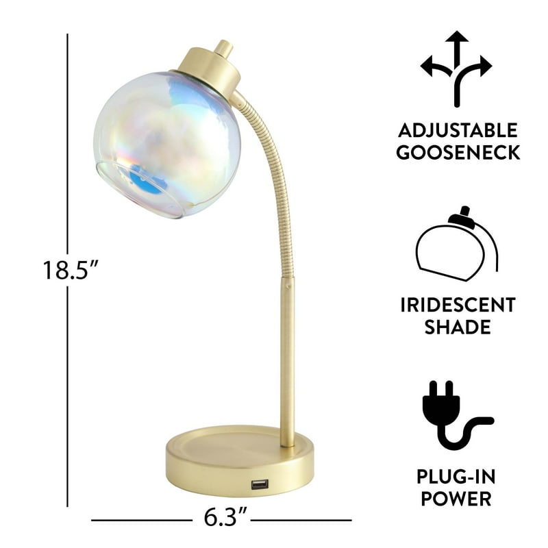 Iridescent Orb Table Lamp with USB Charging and Adjustable Gooseneck - Gold
