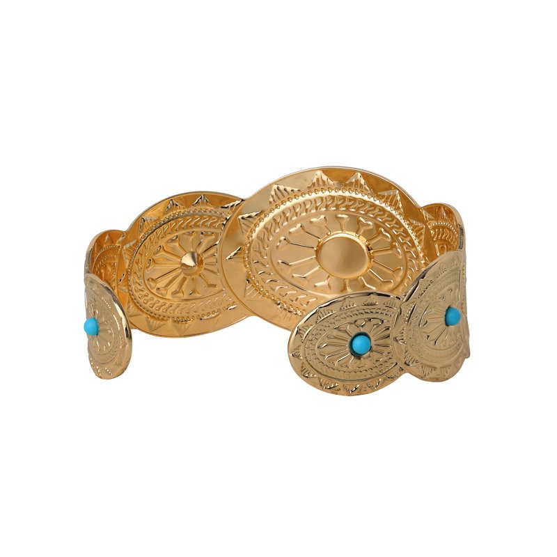 Women’s Gold-Tone Faux Turquoise Cuff Bracelet with Engraved Western Design