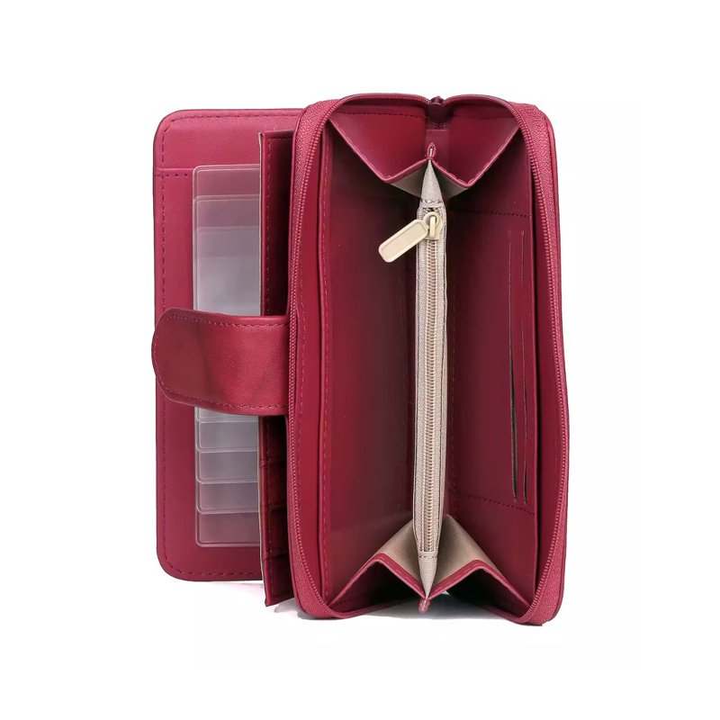 Checkbook Wallet for Women Leather Zip Around Card Holder with ID Window