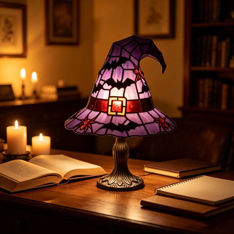 Gothic Witch Hat Lamp - Stained Glass Halloween Night Light for Home Decor