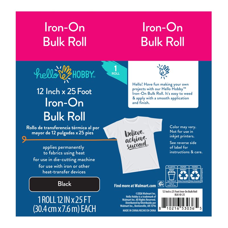 12" x 25' Black Iron-On Craft Vinyl Roll for Heat Transfer T-Shirts & Apparel